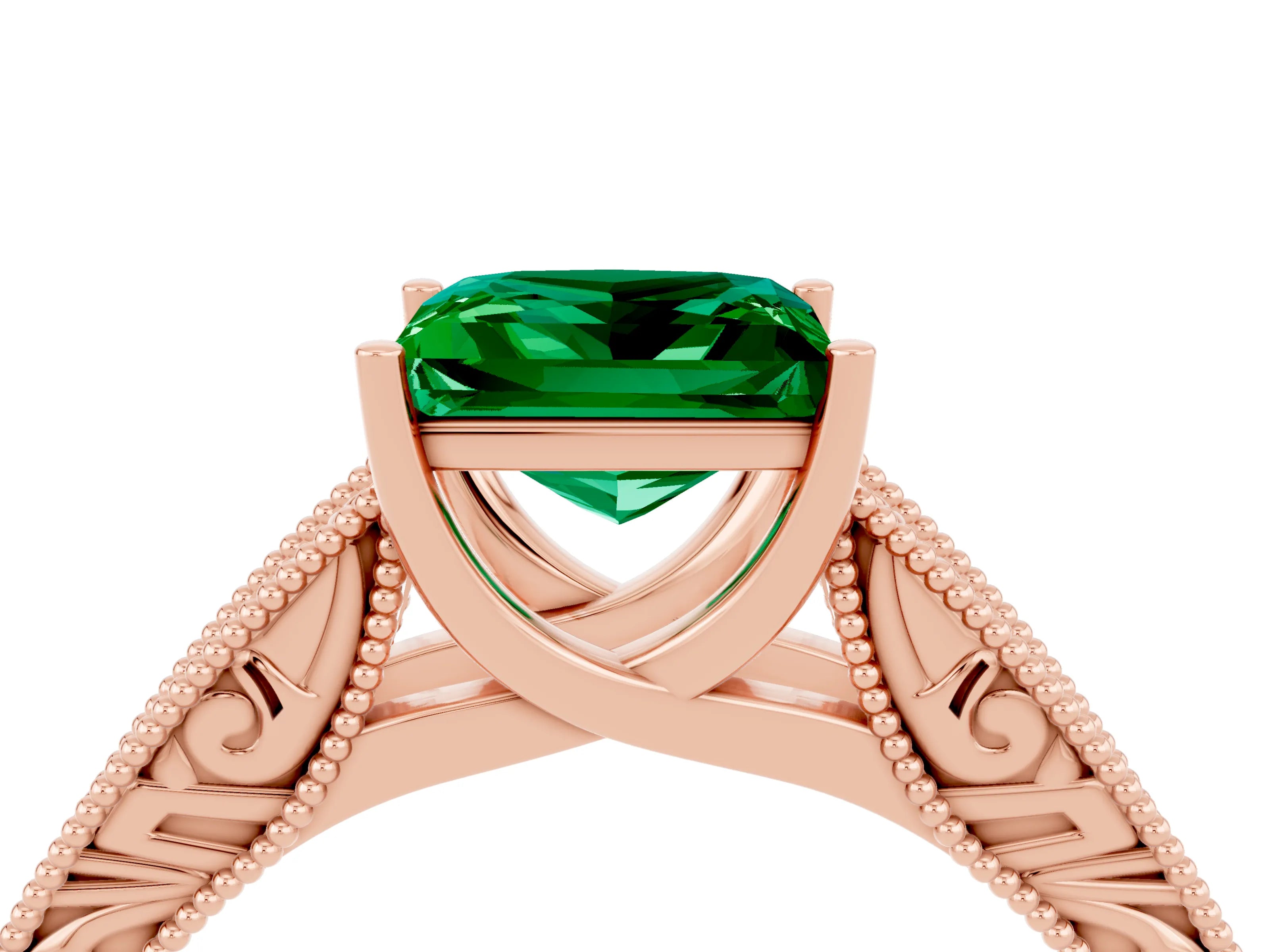 Rose gold Princess Cut Emerald Solitaire Ring with Engraved Band and Four-Prong Setting_4