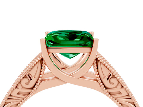 Rose gold Princess Cut Emerald Solitaire Ring with Engraved Band and Four-Prong Setting_4