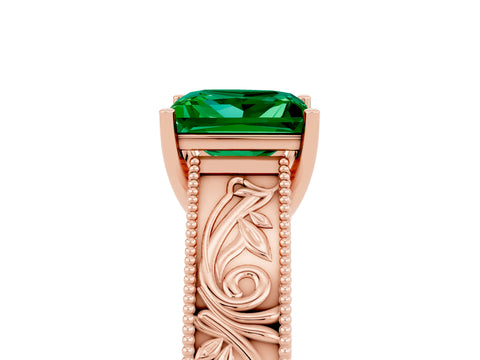 Rose gold Princess Cut Emerald Solitaire Ring with Engraved Band and Four-Prong Setting_5