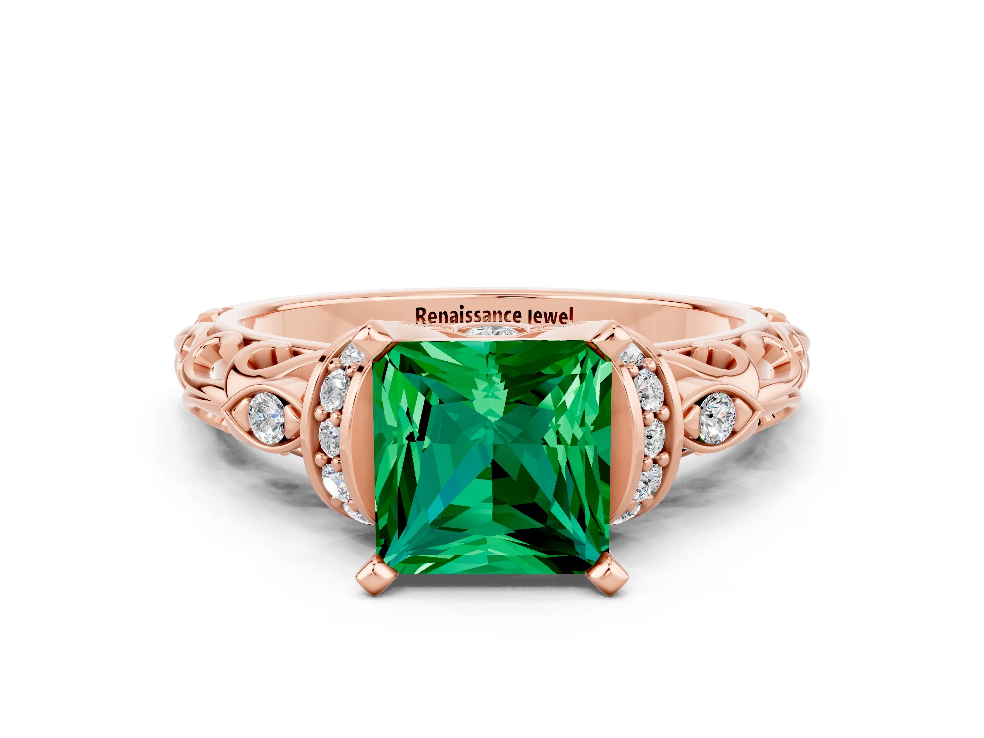 Rose gold Princess Cut Emerald Solitaire Ring with Filigree Band and Four-Prong Setting_24