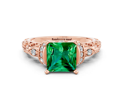 Rose gold Princess Cut Emerald Solitaire Ring with Filigree Band and Four-Prong Setting_24