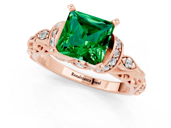 Rose gold Princess Cut Emerald Solitaire Ring with Filigree Band and Four-Prong Setting