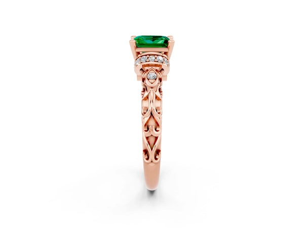 Rose gold Princess Cut Emerald Solitaire Ring with Filigree Band and Four-Prong Setting