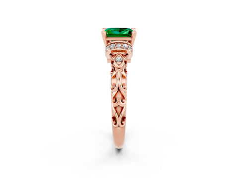 Rose gold Princess Cut Emerald Solitaire Ring with Filigree Band and Four-Prong Setting_26