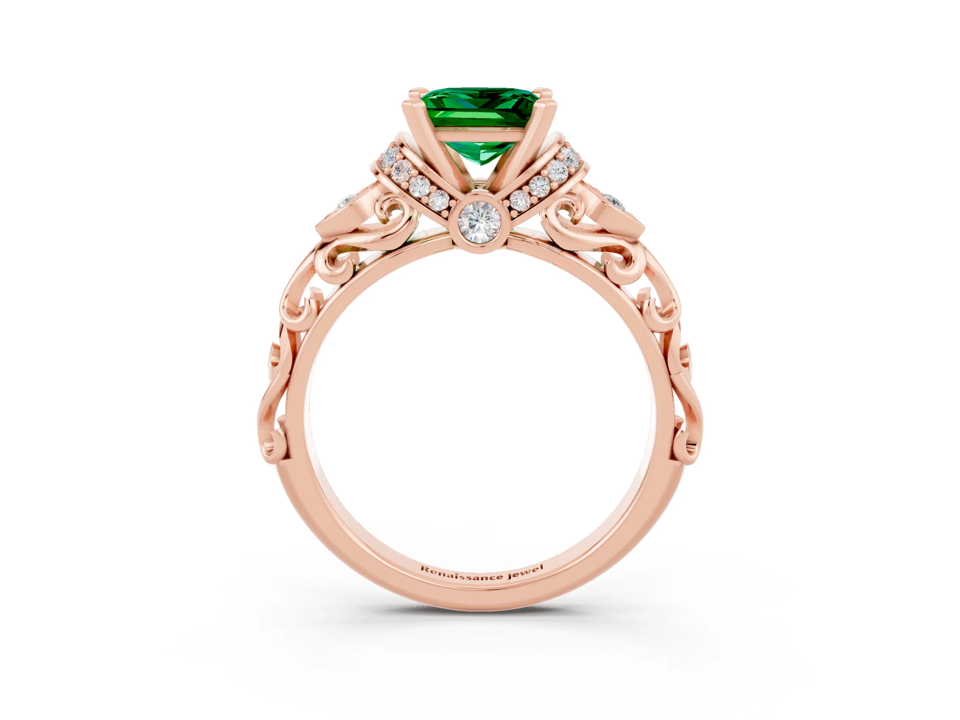 Rose gold Princess Cut Emerald Solitaire Ring with Filigree Band and Four-Prong Setting_27