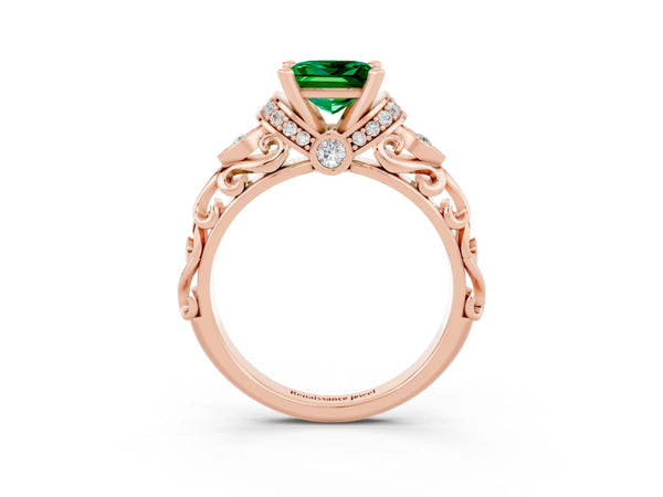 Rose gold Princess Cut Emerald Solitaire Ring with Filigree Band and Four-Prong Setting