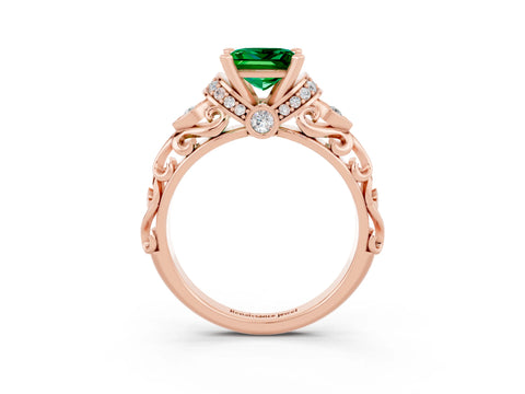 Rose gold Princess Cut Emerald Solitaire Ring with Filigree Band and Four-Prong Setting_27