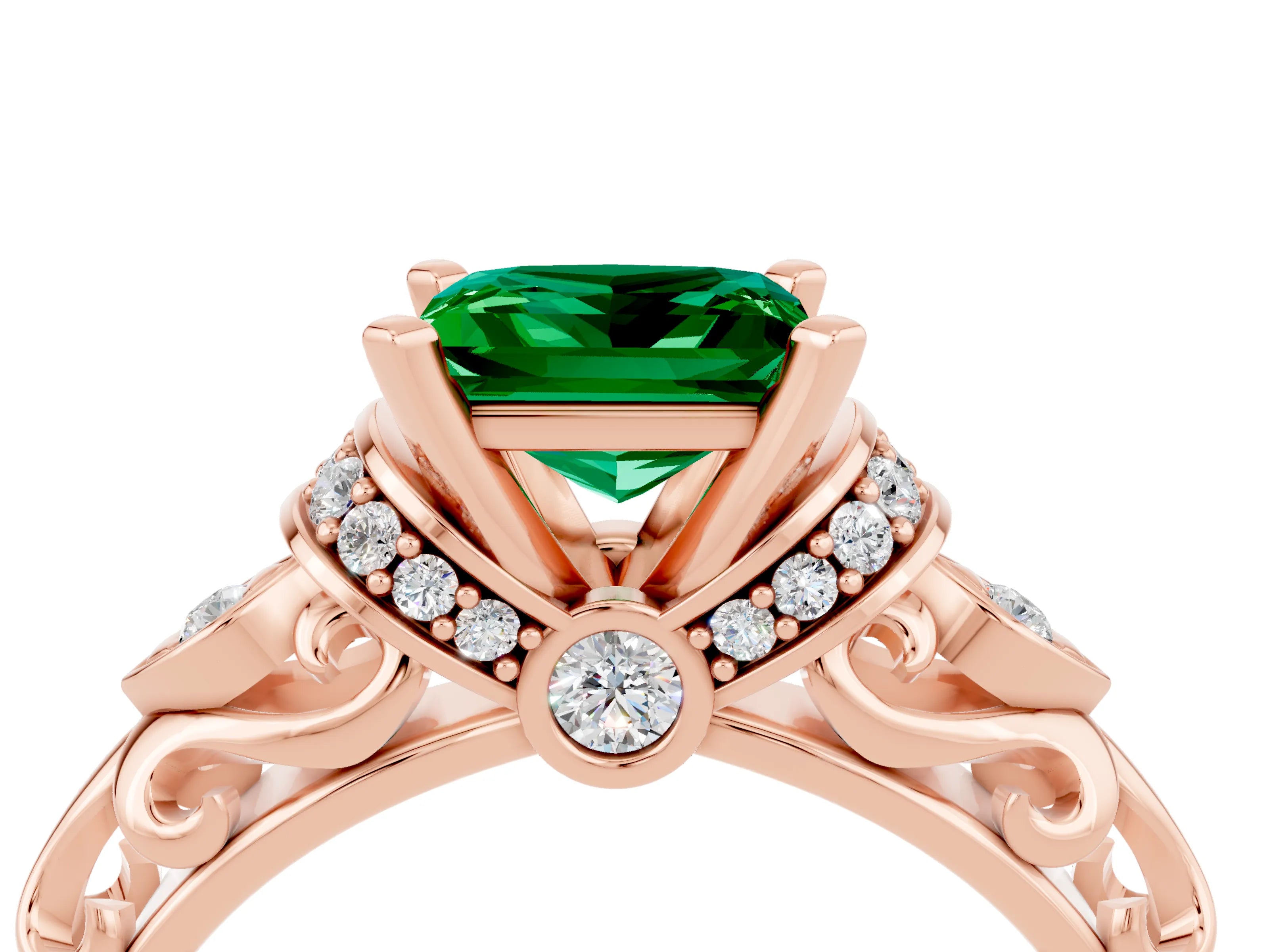 Rose gold Princess Cut Emerald Solitaire Ring with Filigree Band and Four-Prong Setting_28