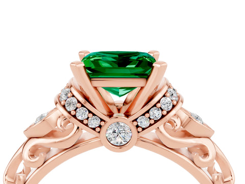 Rose gold Princess Cut Emerald Solitaire Ring with Filigree Band and Four-Prong Setting_28