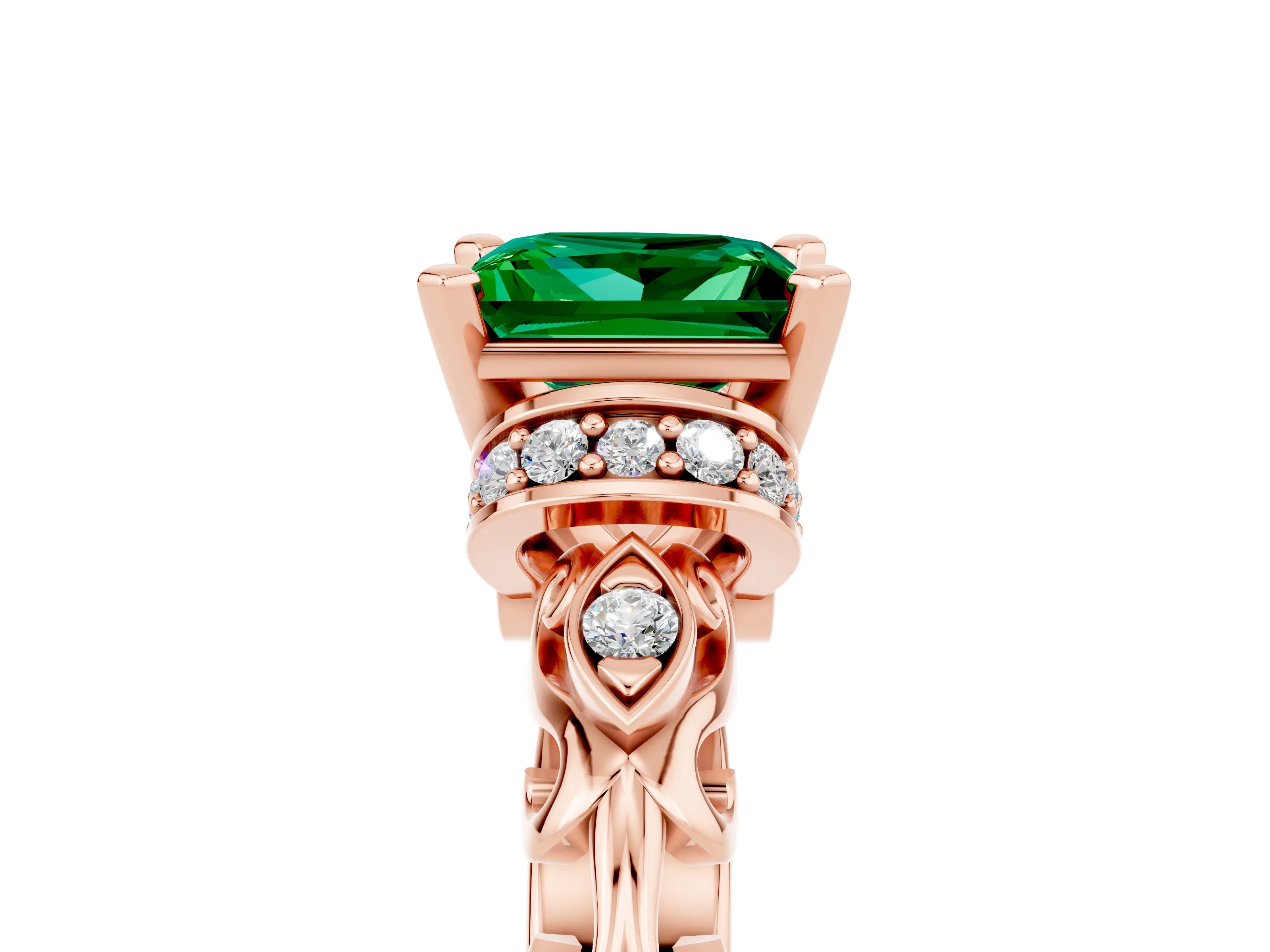 Rose gold Princess Cut Emerald Solitaire Ring with Filigree Band and Four-Prong Setting_29