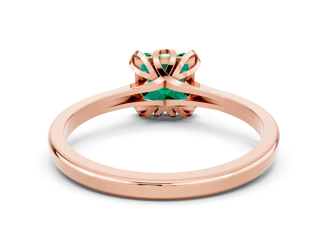 Rose gold Princess Cut Emerald Solitaire Ring with Flower Prong Setting and Classic Band_12