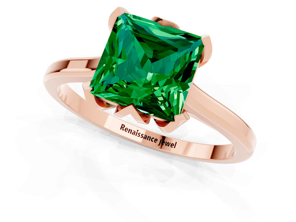 Rose gold Princess Cut Emerald Solitaire Ring with Flower Prong Setting and Classic Band