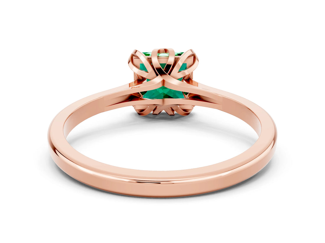 Rose gold Princess Cut Emerald Solitaire Ring with Flower Prong Setting and Classic Band_37