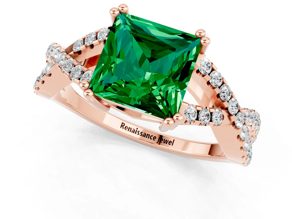 Rose gold Princess Cut Emerald Solitaire Ring with Four-Prong Setting and Twisted Pavé Band