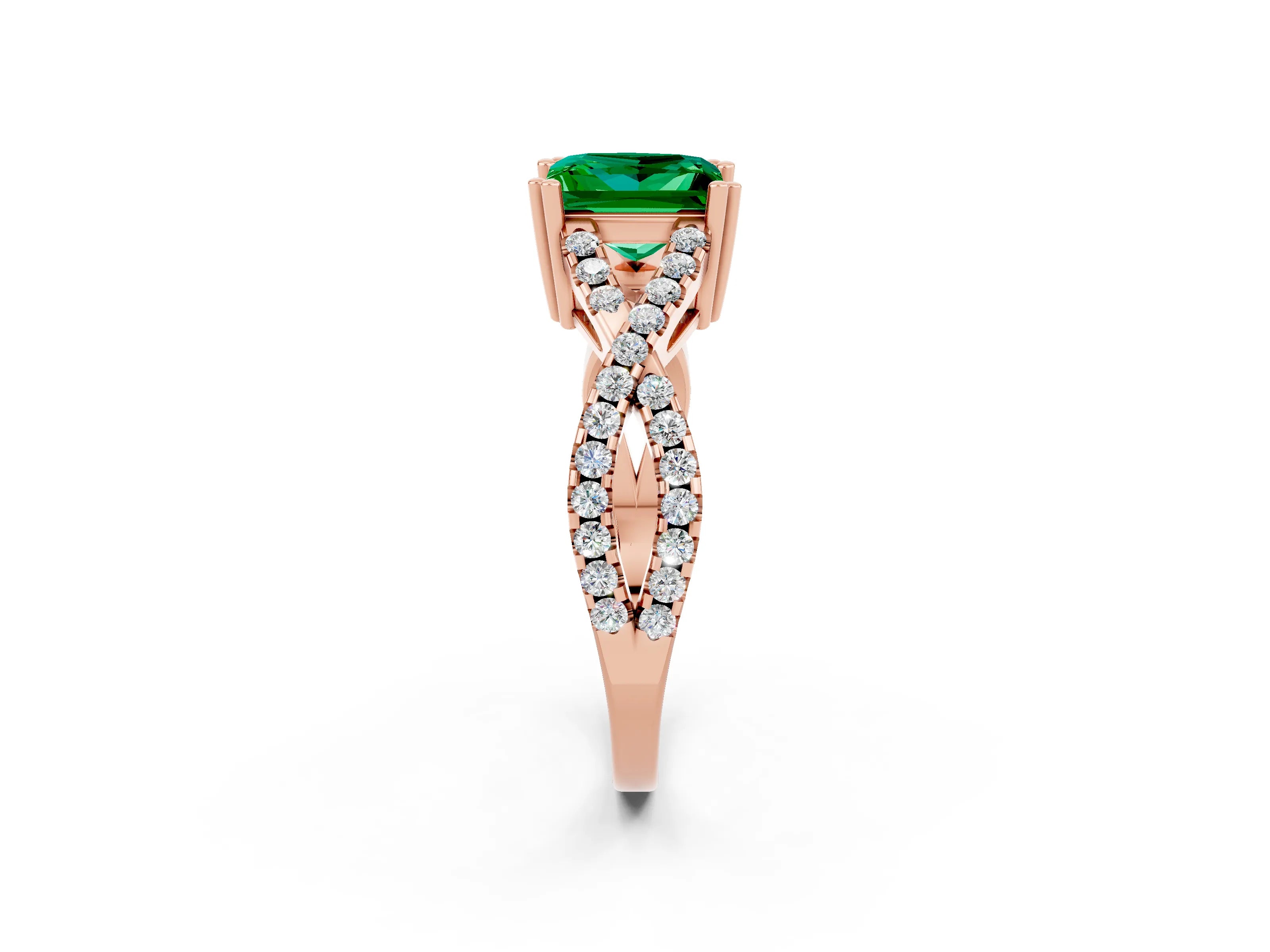 Rose gold Princess Cut Emerald Solitaire Ring with Four-Prong Setting and Twisted Pavé Band_2
