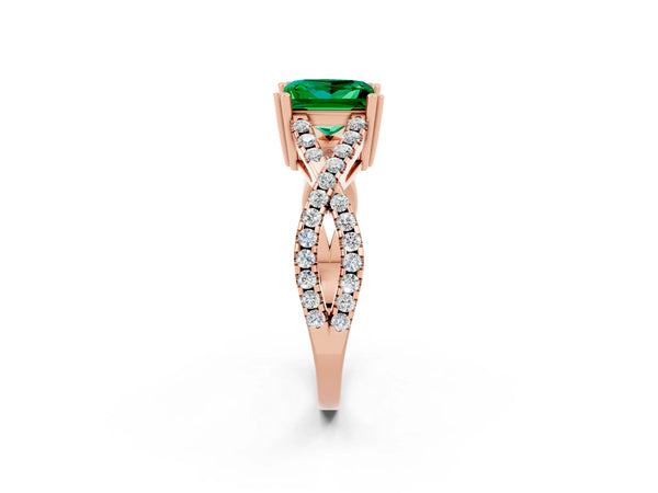 Rose gold Princess Cut Emerald Solitaire Ring with Four-Prong Setting and Twisted Pavé Band