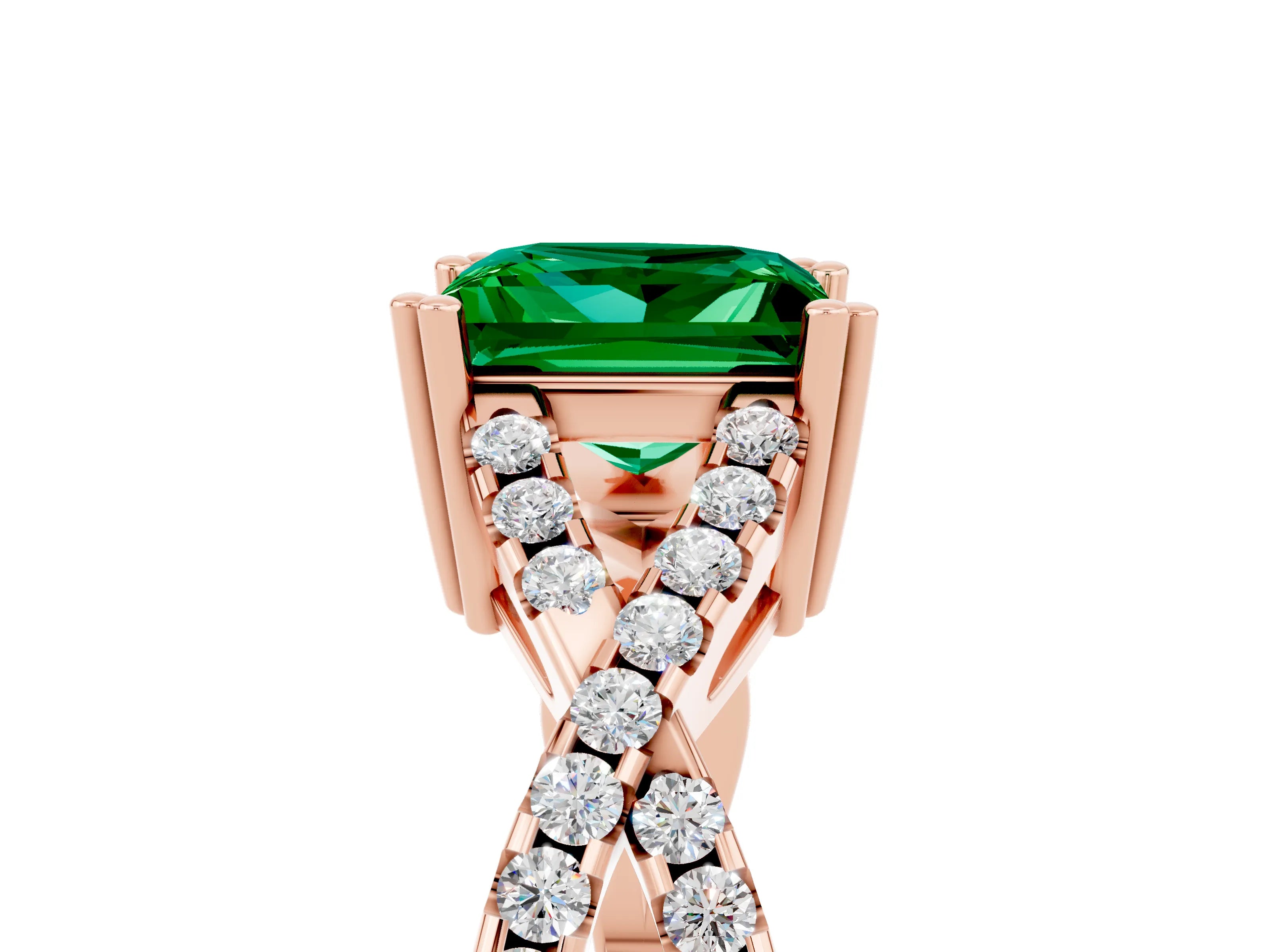 Rose gold Princess Cut Emerald Solitaire Ring with Four-Prong Setting and Twisted Pavé Band_5