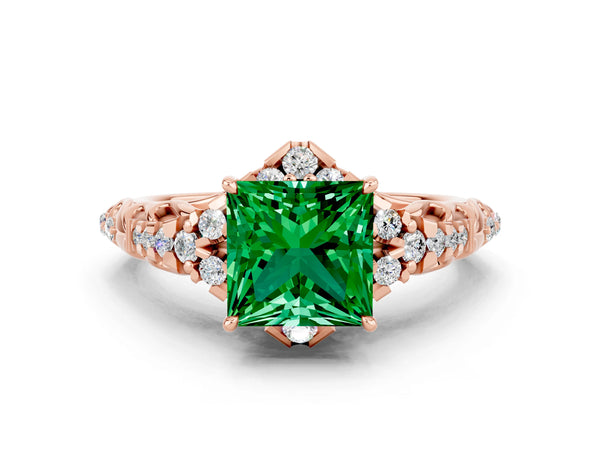 Rose gold Princess Cut Emerald Solitaire Ring with Hidden Halo and Pavé Band