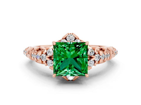 Rose gold Princess Cut Emerald Solitaire Ring with Hidden Halo and Pavé Band_12