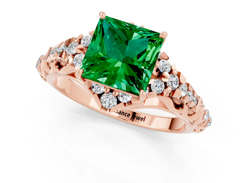 Rose gold Princess Cut Emerald Solitaire Ring with Hidden Halo and Pavé Band_13