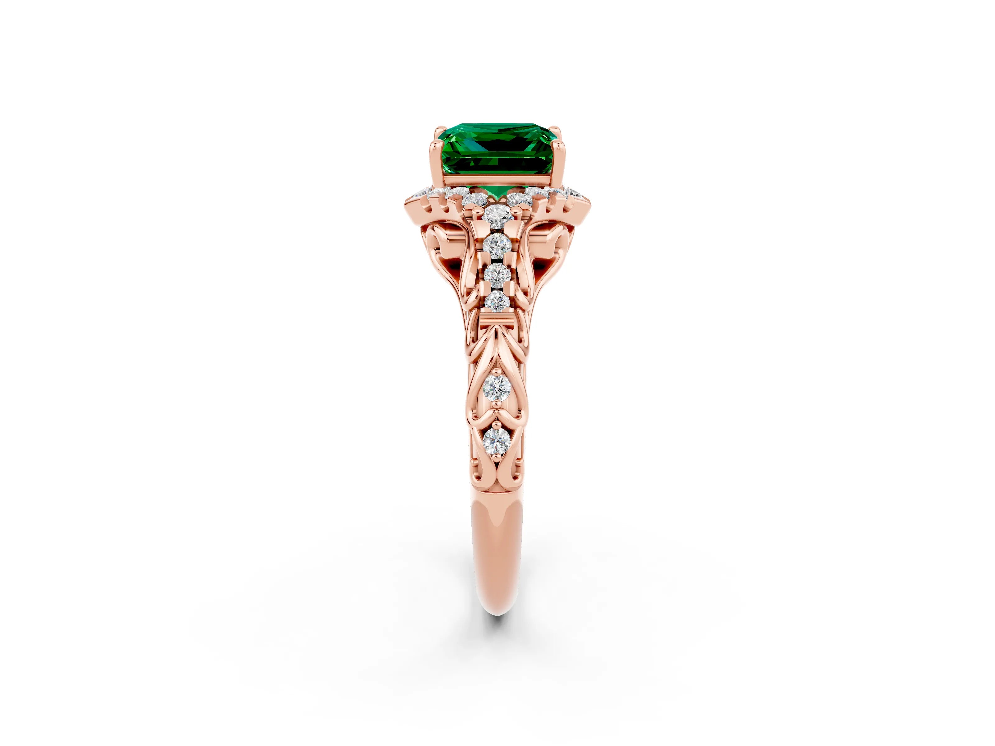 Rose gold Princess Cut Emerald Solitaire Ring with Hidden Halo and Pavé Band_14