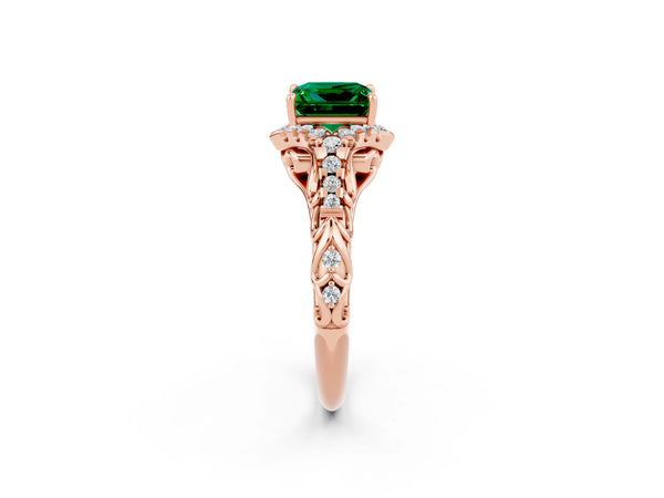 Rose gold Princess Cut Emerald Solitaire Ring with Hidden Halo and Pavé Band