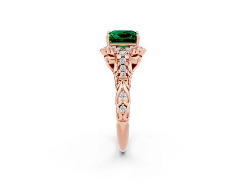 Rose gold Princess Cut Emerald Solitaire Ring with Hidden Halo and Pavé Band_14
