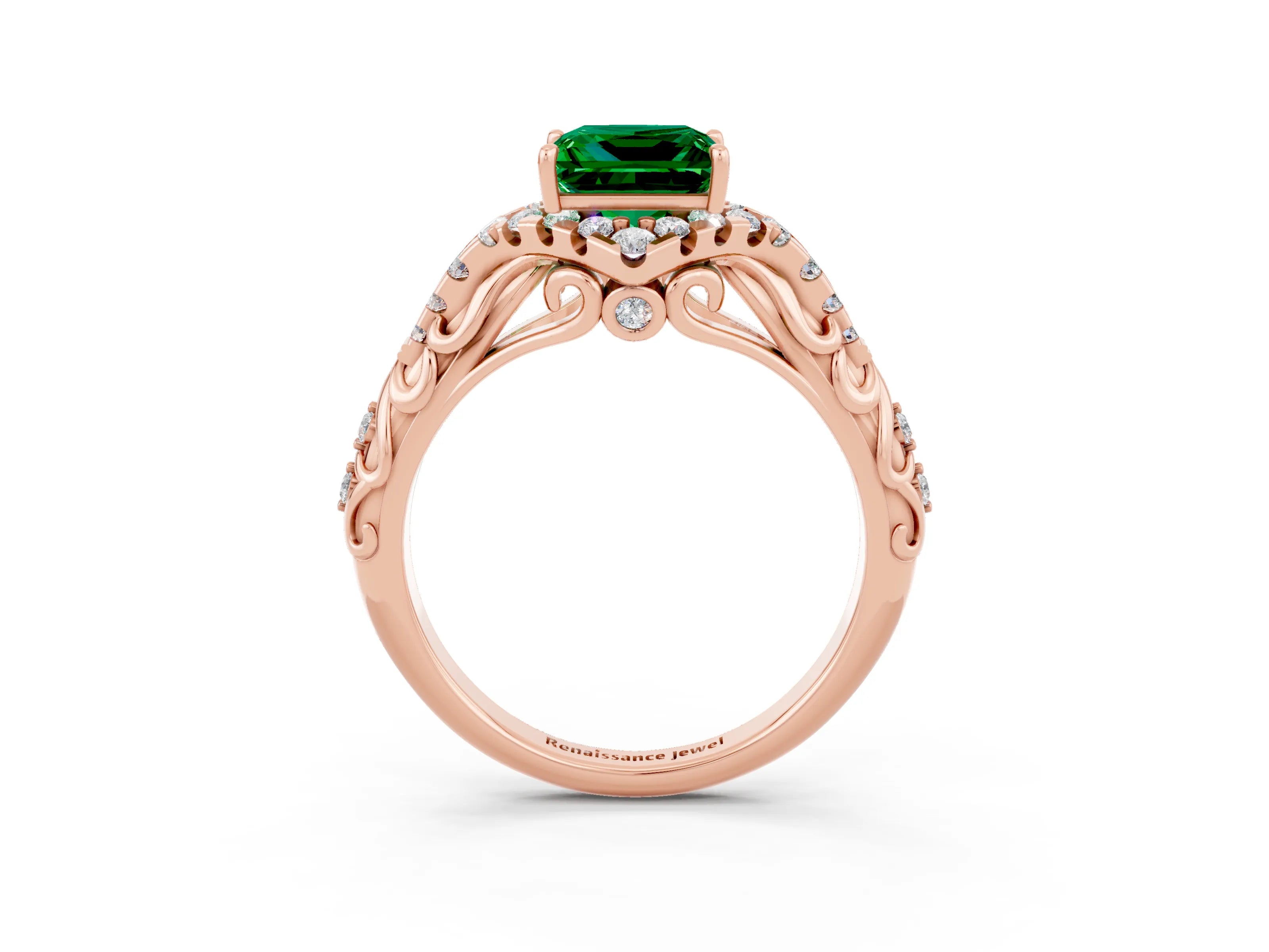 Rose gold Princess Cut Emerald Solitaire Ring with Hidden Halo and Pavé Band_15