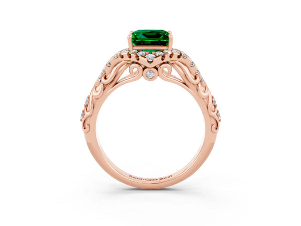 Rose gold Princess Cut Emerald Solitaire Ring with Hidden Halo and Pavé Band