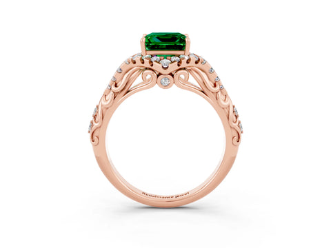 Rose gold Princess Cut Emerald Solitaire Ring with Hidden Halo and Pavé Band_15