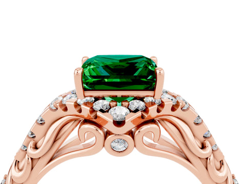 Rose gold Princess Cut Emerald Solitaire Ring with Hidden Halo and Pavé Band_16