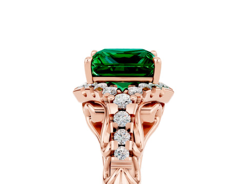 Rose gold Princess Cut Emerald Solitaire Ring with Hidden Halo and Pavé Band_17