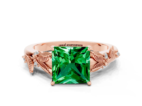 Rose gold Princess Cut Emerald Solitaire Ring with Leaf Motif Band and Four-Prong Setting