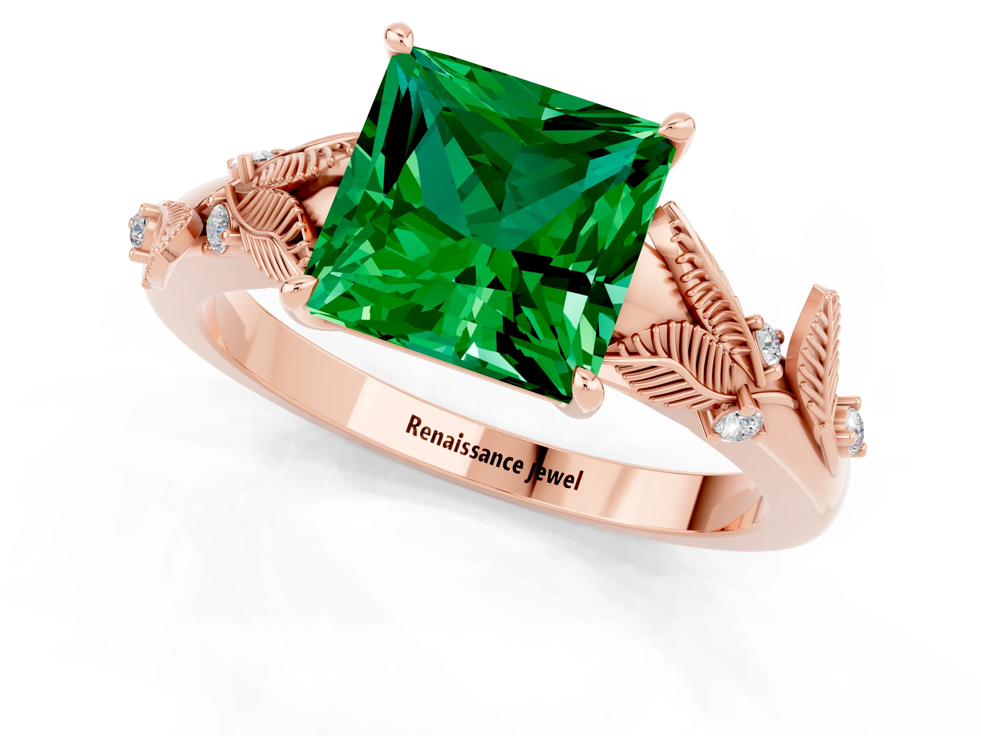 Rose gold Princess Cut Emerald Solitaire Ring with Leaf Motif Band and Four-Prong Setting_1