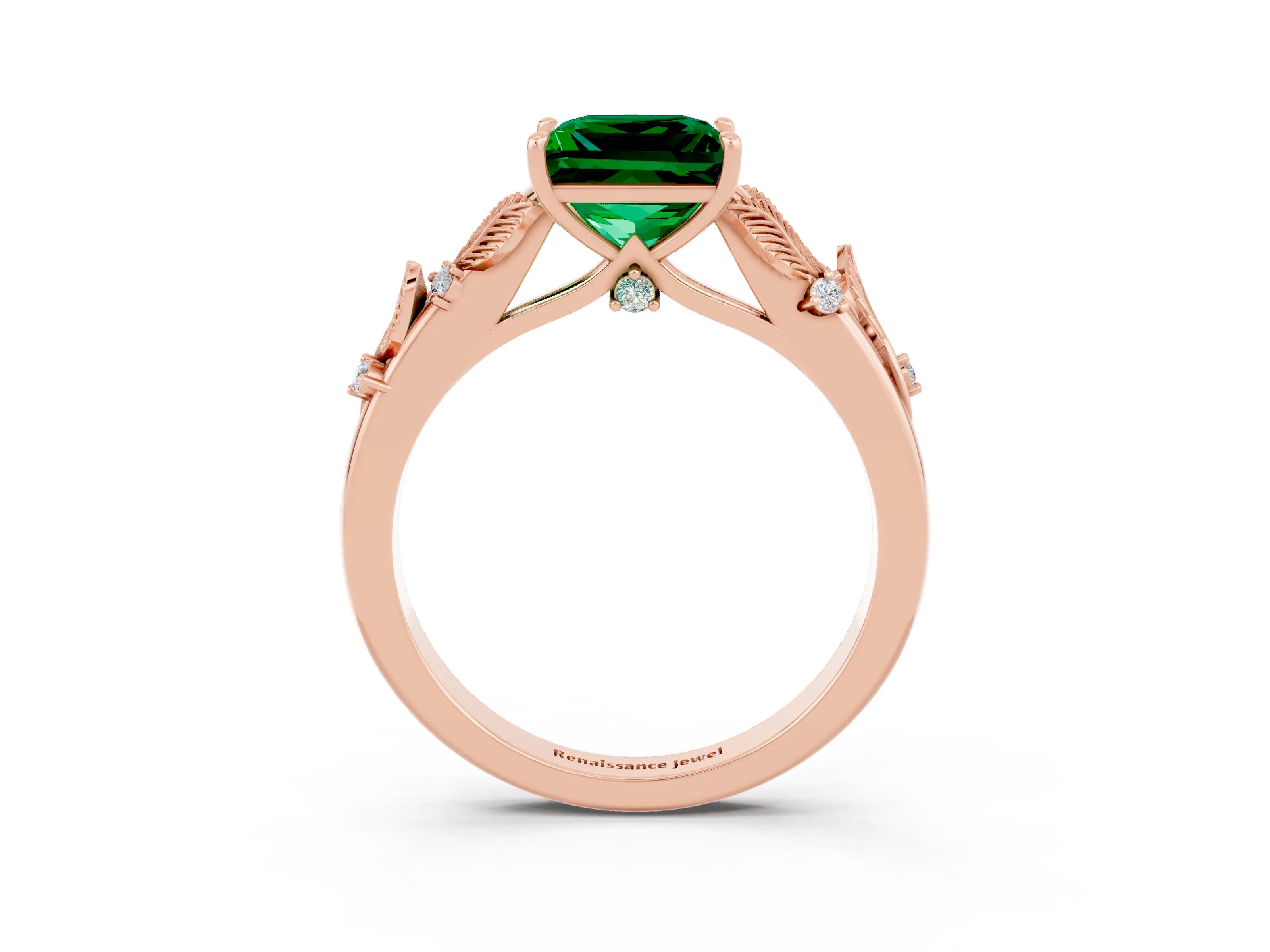 Rose gold Princess Cut Emerald Solitaire Ring with Leaf Motif Band and Four-Prong Setting_3
