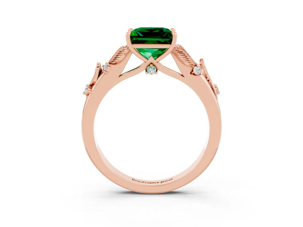 Rose gold Princess Cut Emerald Solitaire Ring with Leaf Motif Band and Four-Prong Setting