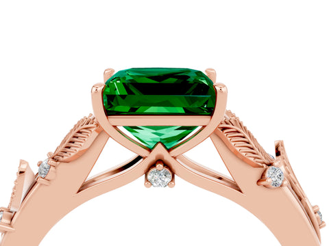 Rose gold Princess Cut Emerald Solitaire Ring with Leaf Motif Band and Four-Prong Setting_4