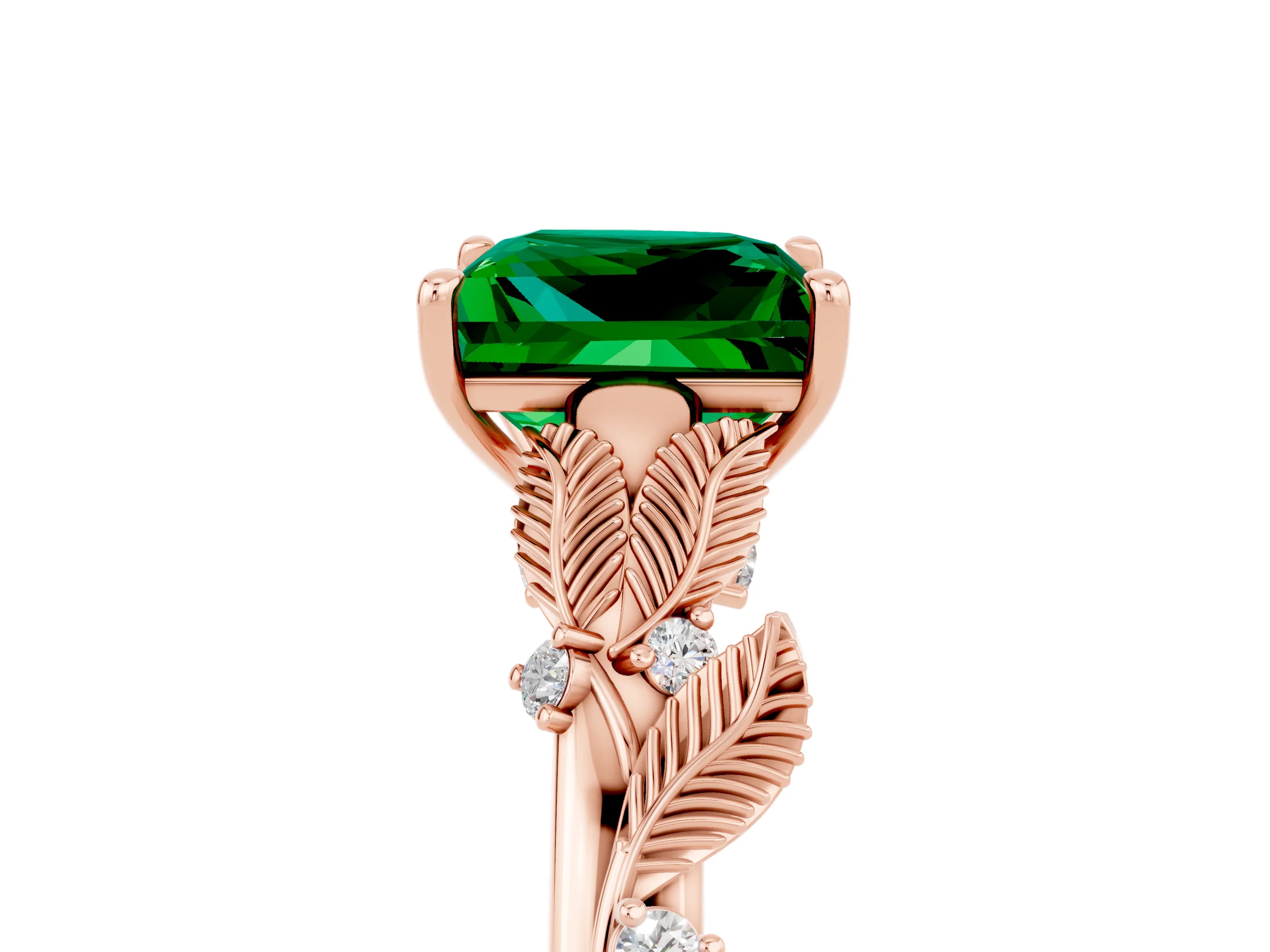 Rose gold Princess Cut Emerald Solitaire Ring with Leaf Motif Band and Four-Prong Setting_5