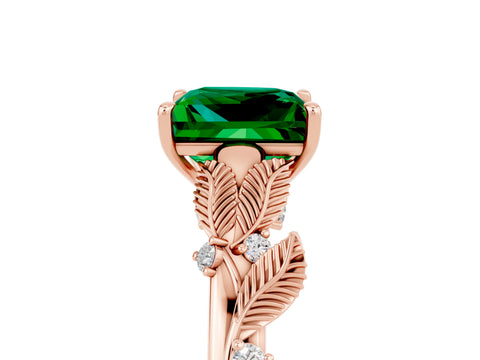 Rose gold Princess Cut Emerald Solitaire Ring with Leaf Motif Band and Four-Prong Setting_5