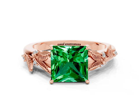 Rose gold Princess Cut Emerald Solitaire Ring with Leaf Motif Band and Four-Prong Setting