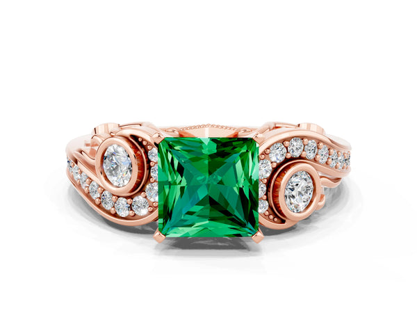 Rose gold Princess Cut Emerald Solitaire Ring with Milgrain Pavé Band and Four-Prong Setting