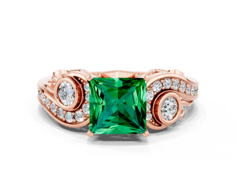 Rose gold Princess Cut Emerald Solitaire Ring with Milgrain Pavé Band and Four-Prong Setting_24