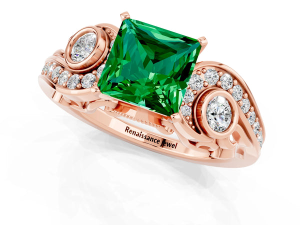 Rose gold Princess Cut Emerald Solitaire Ring with Milgrain Pavé Band and Four-Prong Setting