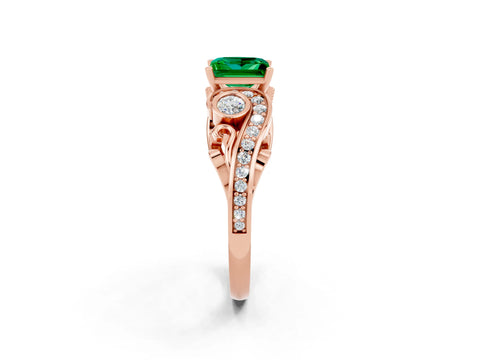 Rose gold Princess Cut Emerald Solitaire Ring with Milgrain Pavé Band and Four-Prong Setting_26