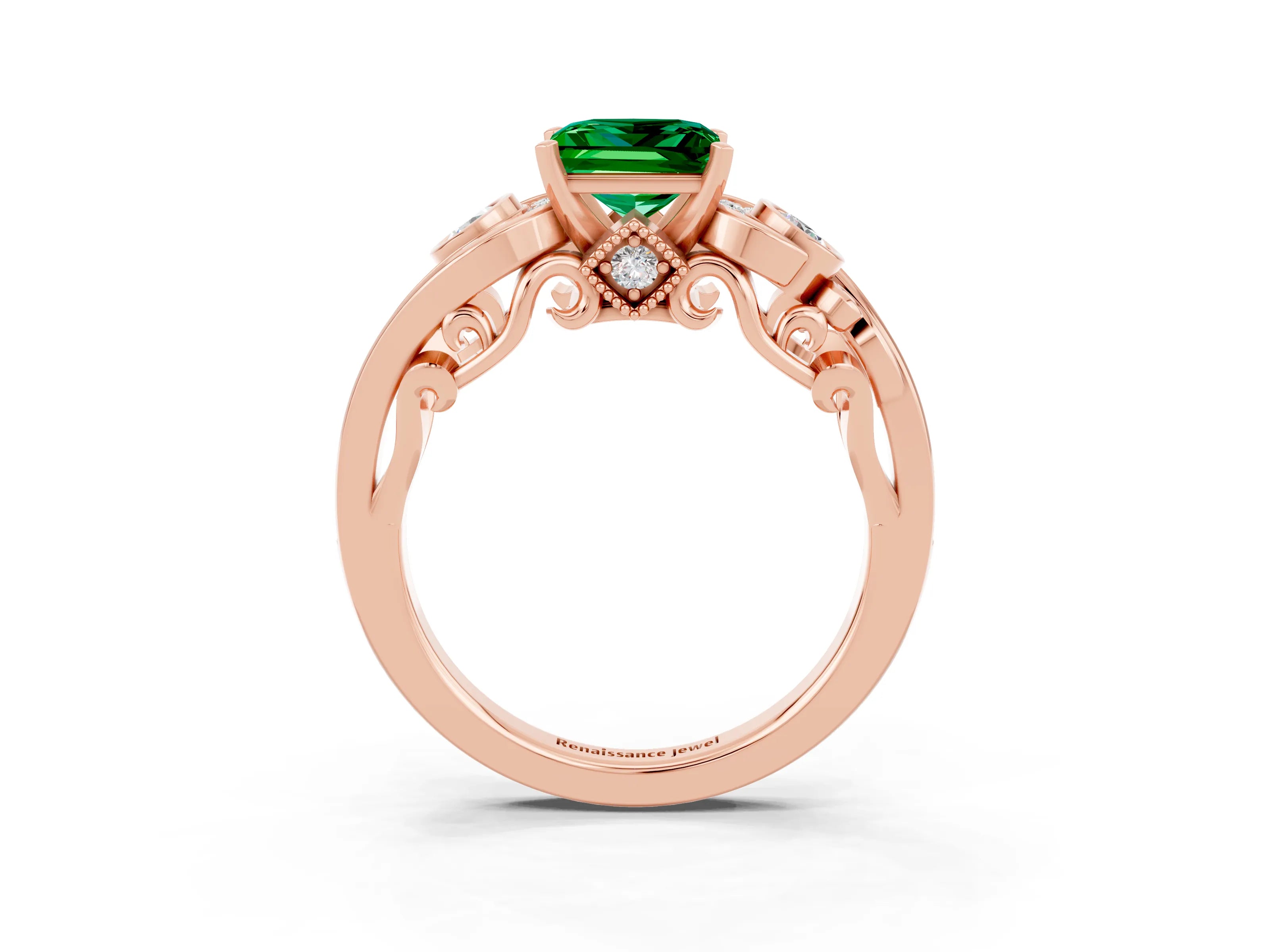 Rose gold Princess Cut Emerald Solitaire Ring with Milgrain Pavé Band and Four-Prong Setting_27