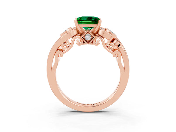 Rose gold Princess Cut Emerald Solitaire Ring with Milgrain Pavé Band and Four-Prong Setting