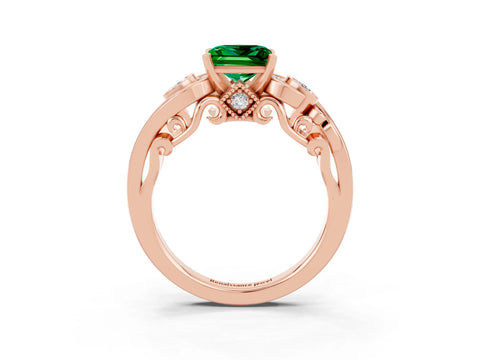 Rose gold Princess Cut Emerald Solitaire Ring with Milgrain Pavé Band and Four-Prong Setting_27