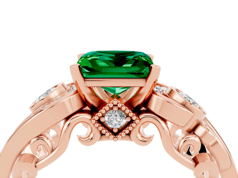Rose gold Princess Cut Emerald Solitaire Ring with Milgrain Pavé Band and Four-Prong Setting_28