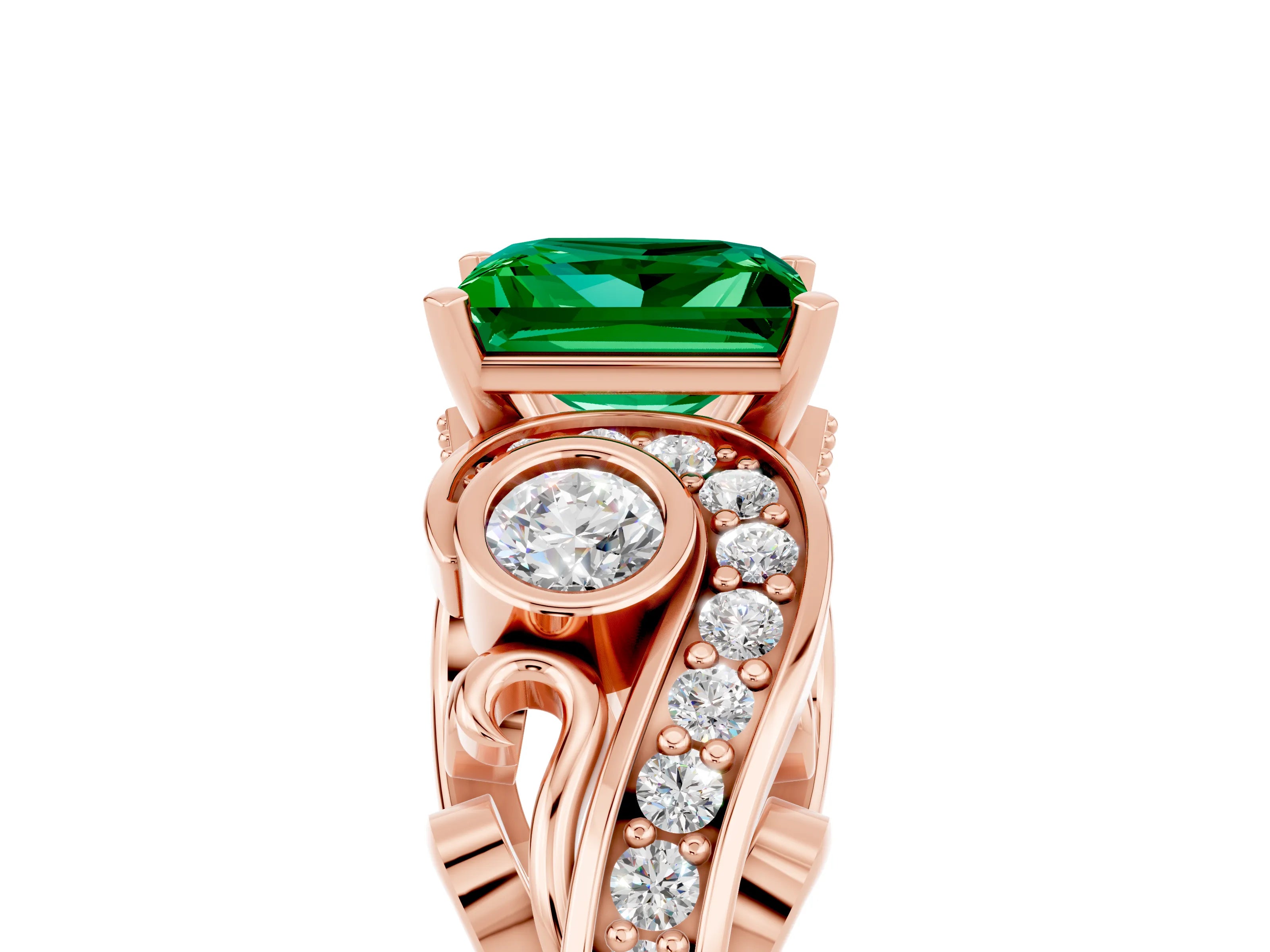 Rose gold Princess Cut Emerald Solitaire Ring with Milgrain Pavé Band and Four-Prong Setting_29