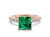 Rose gold Princess Cut Emerald Solitaire Ring with Pavé Accents and Four-Prong Setting